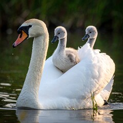 Adult swan gracefully floats, two cygnets nestled on its back