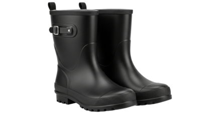 Black pair of rain boots with a side buckle, isolated on white and transparent background for seasonal weather and outdoor activities