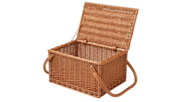An empty brown wicker picnic basket with an open hinged lid for outdoor dining, summer leisure, and rustic concepts, isolated on white and transparent background