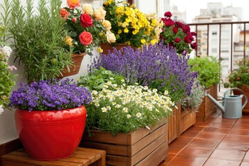 Colorful flowerbeds create a vibrant balcony garden.