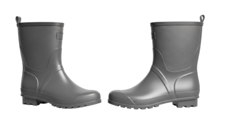 Pair of gray rubber rain boots for protection from wet weather isolated on white and transparent background for seasonal concepts