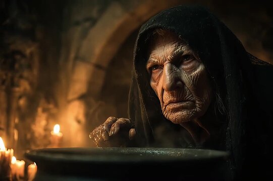 Halloween Hyperrealistic Elderly Witch Stirring Bubbling Cauldron with Wrinkled Hands and Long Fingernails in Candlelit Dungeon, Ultra-Detailed Face and Black Robes, Cinematic