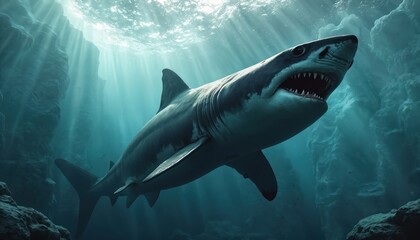 Fototapeta premium Massive Greenland swims in deep Arctic waters, size, power evident. Ancient predator inhabits cold oceans, part of vital marine ecosystem. Majestic creature explores icy habitat, representing raw