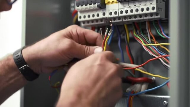 Electrician Wiring Electrical Panel Connecting Wires Professional Work.