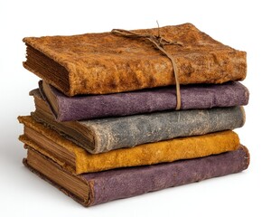 Stacked Vintage Leather Books On White Background