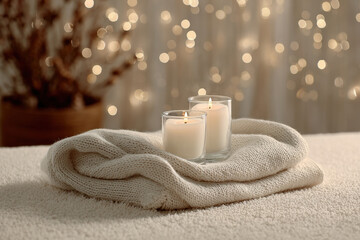 minimalist evening setup featuring cozy blanket and flickering candles set against backdrop of twinkling garlands