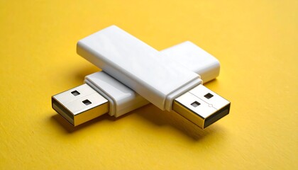 Two white USB flash drives crossed on a bright yellow surface