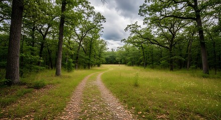 Obraz premium Serene Forest Path A Tranquil Dirt Road Winding Through Lush Greenery Under a Cloudy Sky