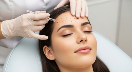 Closeup photo Woman receiving Botox injections in the forehead 16:9