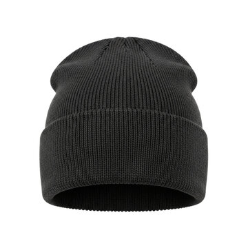 Plain black ribbed knit beanie hat for winter fashion isolated on white and transparent background for cold weather concepts