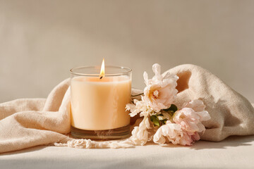 delicate candle stands gracefully on soft linen tablecloth adorned with wax drips
