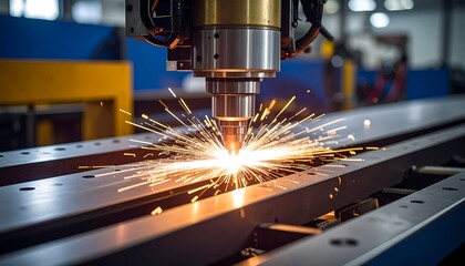 Laser cutting metal, sparks flying