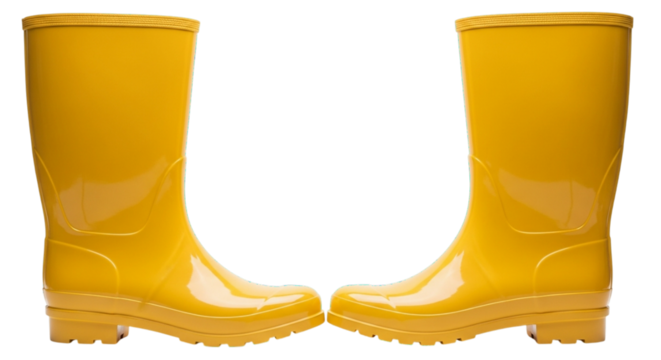 A pair of bright yellow rubber rain boots for rainy weather, autumn concepts, fashion, and gardening, isolated on white and transparent background