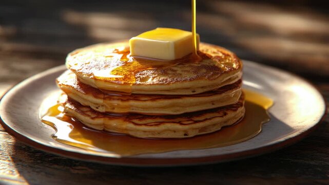 Golden pancake stack on wooden table