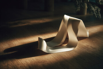 minimalist composition featuring white ribbon resting gracefully on wooden floor next to christmas tree