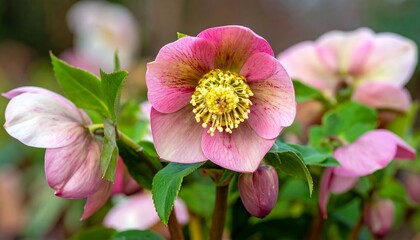 Fototapeta premium Close-up of delicate pink hellebores