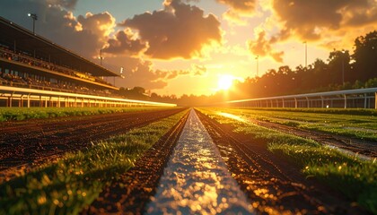 Race Track at Sunset with Glowing Sun and Dark Wet Ground Cinematic HDR Scene Ultra Sharp Texture and Dramatic Tones