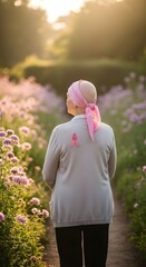 Breast cancer awareness in outdoor garden scene
