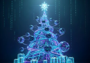 Futuristic neon christmas tree with digital ornaments