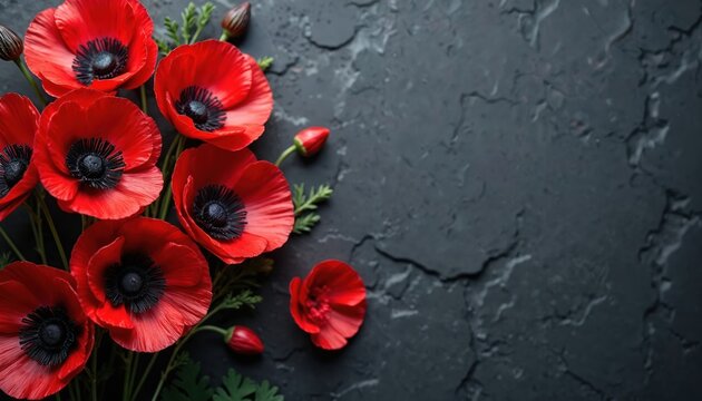 Modern Victory in Europe Day postcard design. Features embossed red poppies, contemporary graphics on sleek black canvas. Celebrates patriotism, commemoration, historic events with innovative