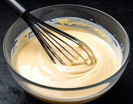 Creamy batter being whisked in a glass bowl