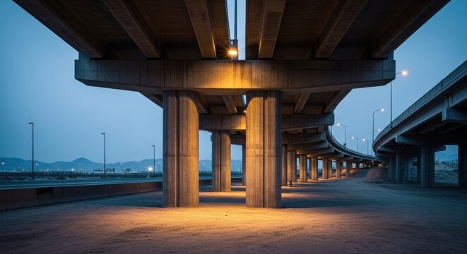 atmospheric view from beneath modern concrete highway overpass at twilight. illuminated pillars create leading lines under curving bridge against blue sky. urban infrastructure and transportation