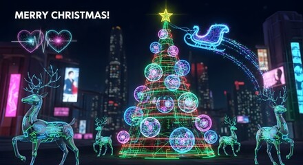 Futuristic Christmas scene with neon reindeer and tree