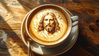 Latte art depicting Jesus' face in a cup