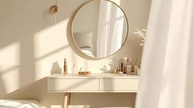 Elegant Vanity Table with Round Mirror and Soft Sunlight in Minimalist Interior Design Creamy White Wall Decorative Plant and Cosmetics Bottles