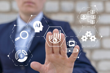 Person using virtual touch screen presses icon symbolizing: PREDICTIVE ANALYTICS. Predictive analytics, business forecasting, data visualization, machine learning, artificial intelligrnce (AI) concept