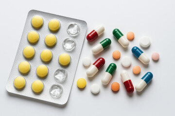 Blister pack of yellow tablets with multicolored capsules and pills on white background. concept of pharmaceutical medicine, healthcare treatment, drug therapy