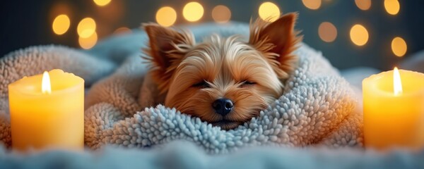 Cute dog sleeps wrapped in soft blanket, flanked by lit candles, warm bokeh lights. Serene atmosphere promotes relaxation, comfort, peace. Cozy pet companionship scene evokes feelings of happiness,