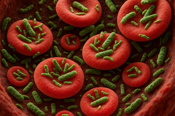 Microscopic view of bacteria invading blood cells showcasing stunning interaction. concept of infection, microbiology, cellular biology