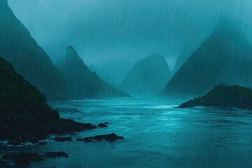 Misty, rain-swept fjord with dark mountains