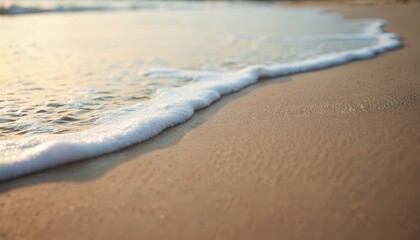 Gentle ocean waves wash over sandy shore. Tranquil seascape with white foam ripples on wet sand. Calm, peaceful, minimalist nature scene evoking summer vacation and relaxation.