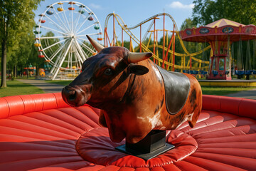 Mechanical bull in amusement park with ferris wheel and roller coaster under clear skies. concept of adventure, entertainment, family fun