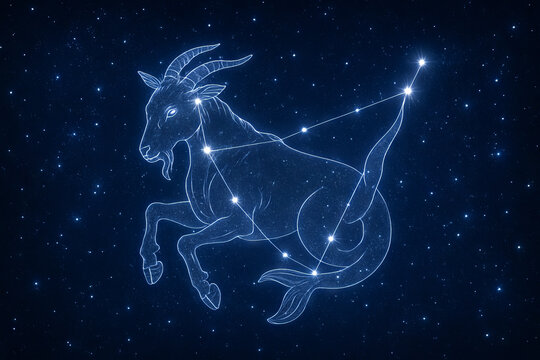 Capricorn constellation on the starry night sky in astronomical zodiac illustration. concept of horoscope, night sky, stargazing, astrology, celestial map