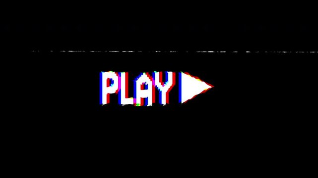 Play button VHS video tape overlay glitch effects and scratch. 4k animation.