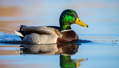 Male duck swims, reflecting in calm water