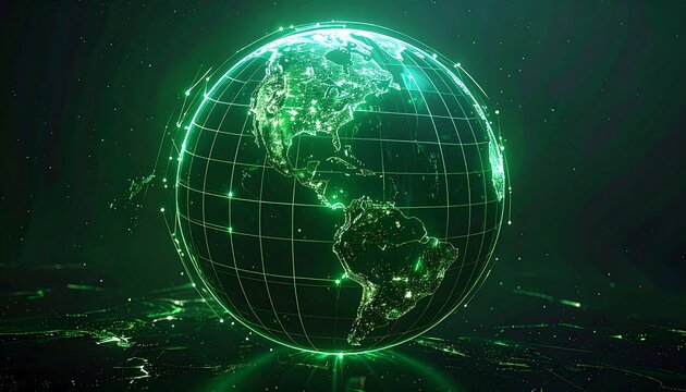 Glowing green digital earth, network connections