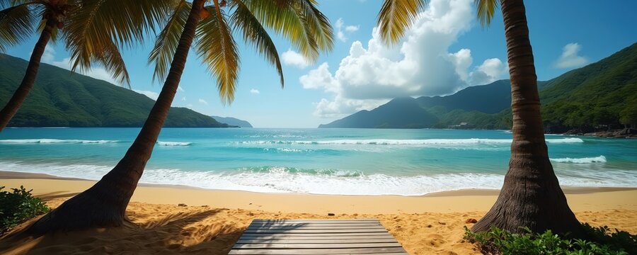 Tropical beach with palm trees framing serene ocean. Wooden pathway leads to golden sand. Turquoise waves gently break on shore under bright blue sky with fluffy clouds. Green mountains rise in - Powered by Adobe