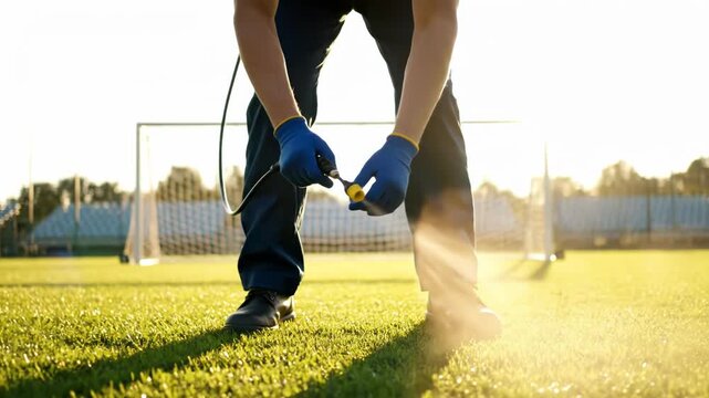 Gardener's hands in blue gloves connecting hose to lawn sprinkler on a green football field during sunny day