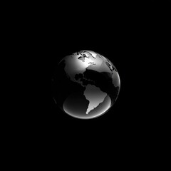 Fototapeta premium A stylized, three-dimensional representation of the world globe, set against a stark black background, highlighting continents with subtle shades of gray.