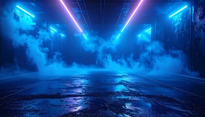 Futuristic, neon-lit hallway filled with smoke