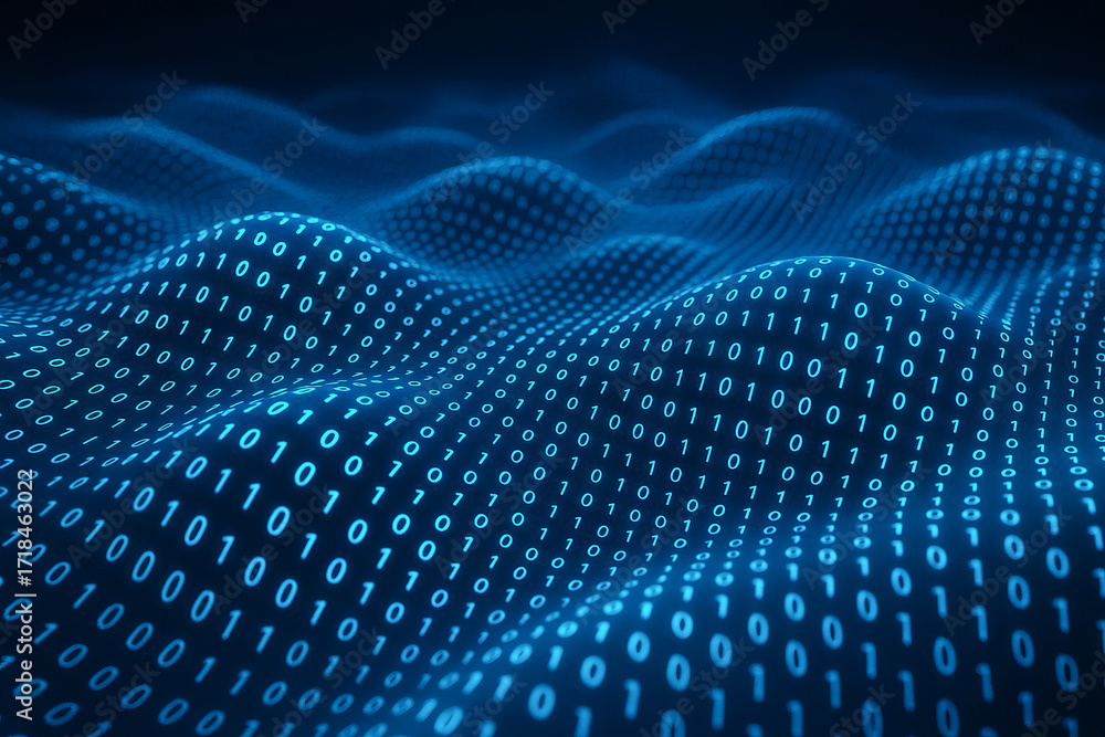 Aufkleber glowing binary waves gently flowing in a futuristic digital landscape concept of technology, data st