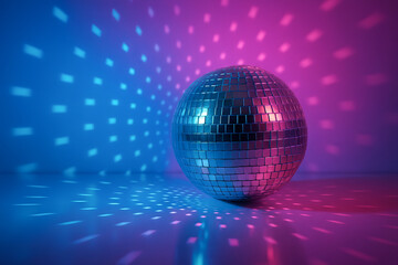 Obraz premium Disco ball reflecting vibrant neon lights in dark room creating dynamic visual experience. concept of nightlife, party atmosphere, dance floor decor.