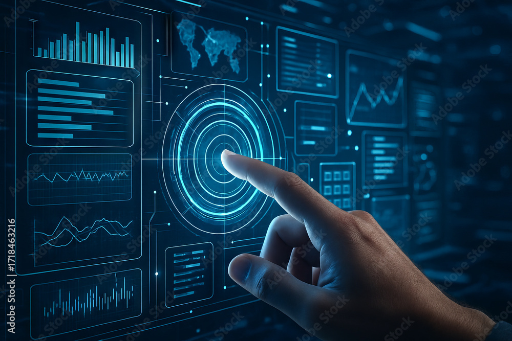 Aufkleber hand interacting with holographic interface displaying global data and controls. concept of futurist