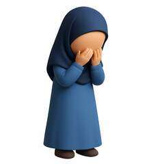 Adorable 3D Muslim Girl in Blue Hijab, Hands Over Face