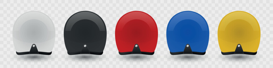 Vector 3d Motorcycle Helmet Set - White, Black, Red, Blue, Yellow Colors. Open Face Helmet. Protective Gear for Bikers, Motorcyclists. Safety Helmet Design, Motorcycle Helmet Icon, Rear View