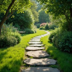 Obraz premium Stone pathway winds through rich green garden. Vibrant summer foliage, manicured lawn, and trees create serene natural landscape. Curved footpath invites exploration of park.
